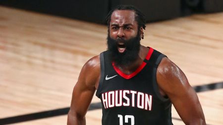James Harden caught on the camera celebrating a point.